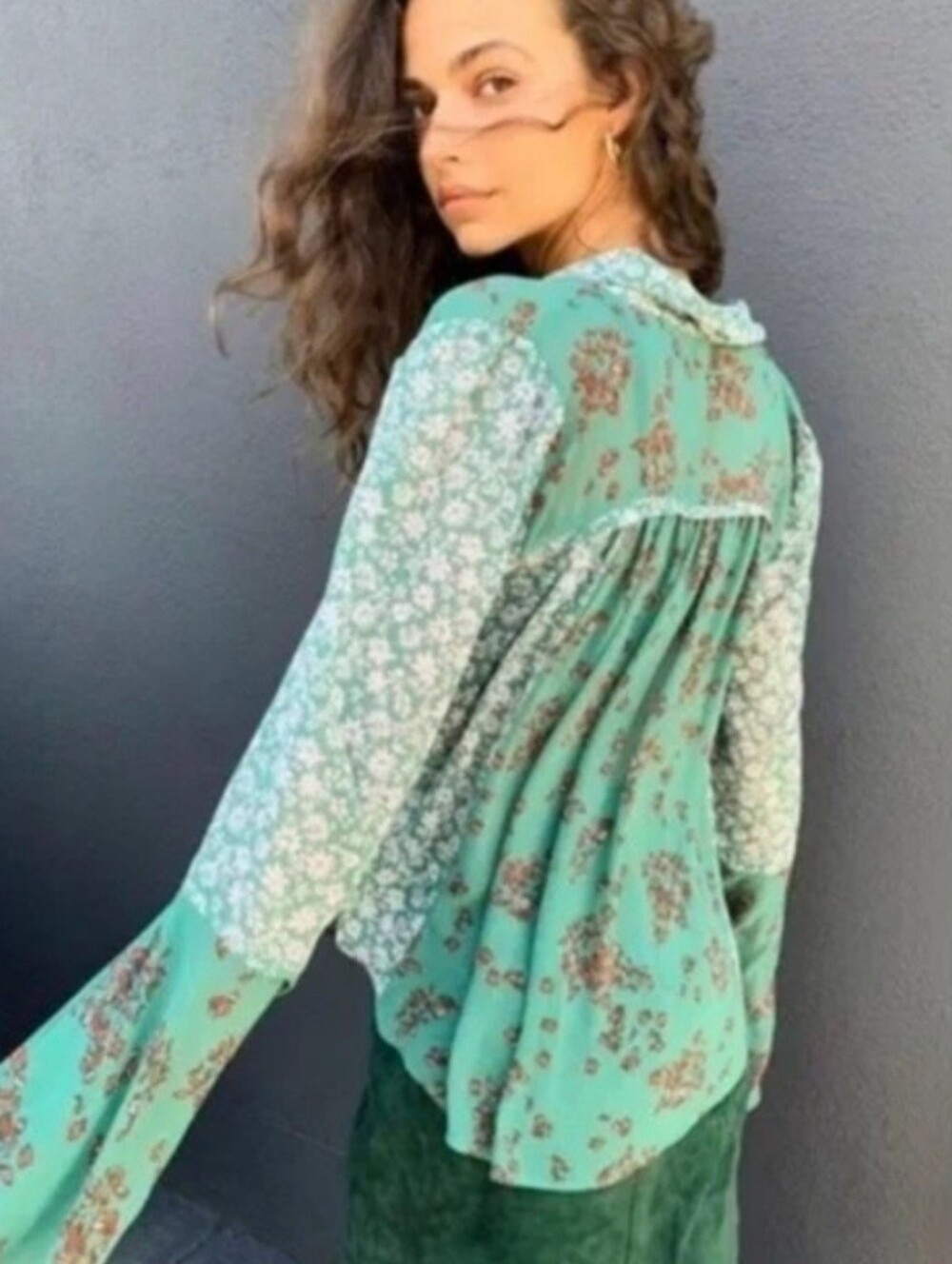 Free People Boho Floral Tie-Back Blouse - Green Sz M